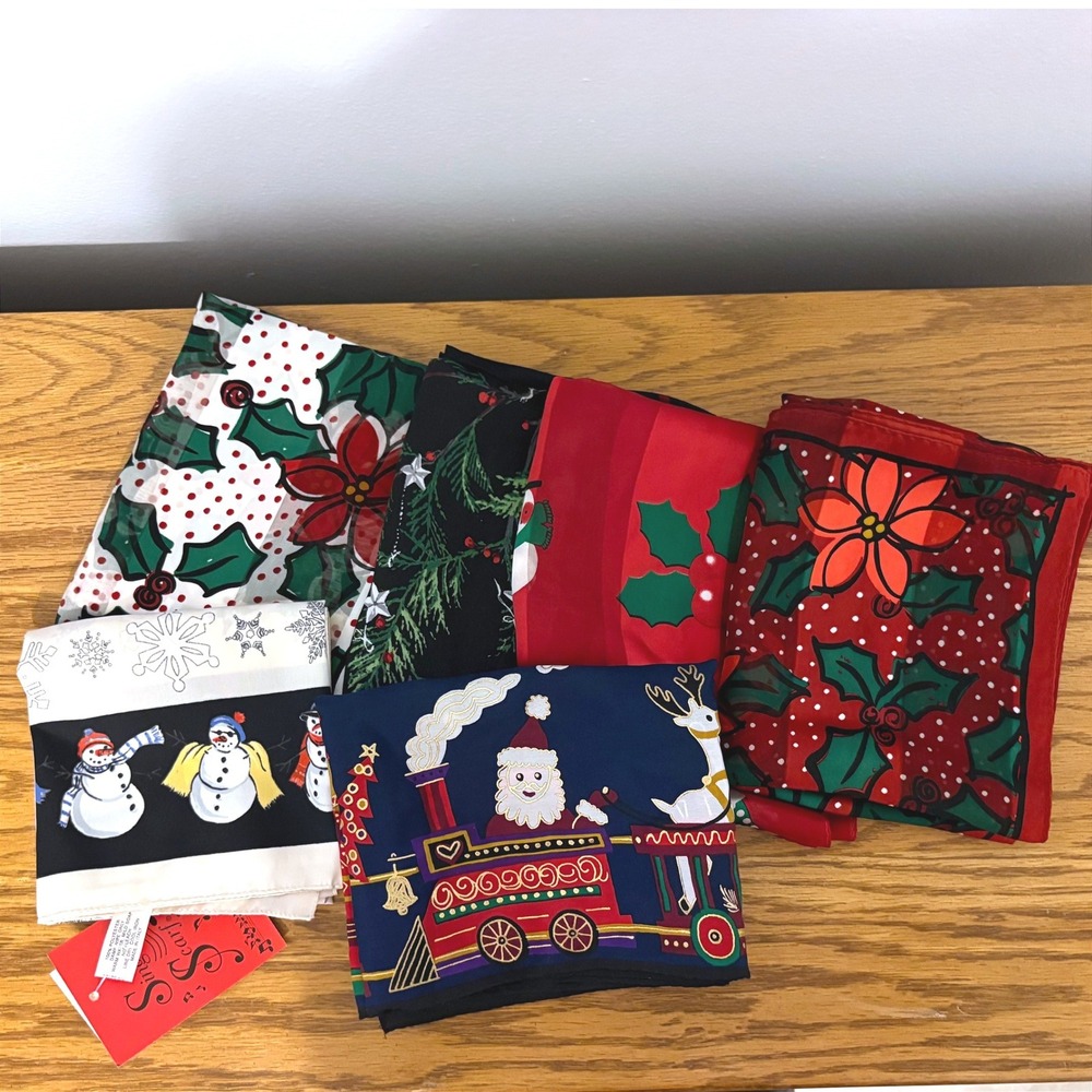 Lot of 6 Vintage Christmas Scarves Silk Elaine Gold Singing Scarf Snowman Santa